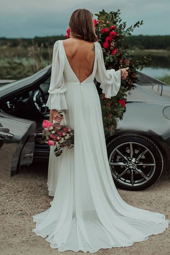Chiffon A-Line High Slit Beach Long-Sleeve V-Neck Romantic Wedding Dresses