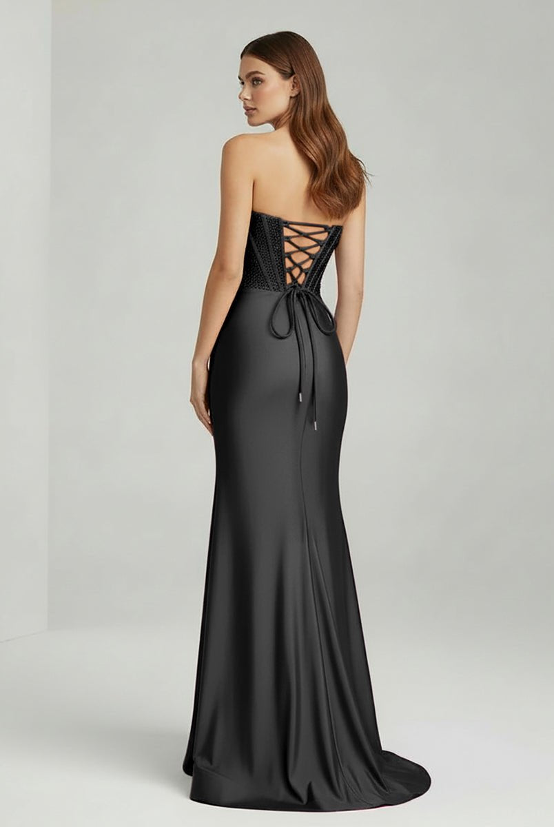 Chime | Black - Mermaid Strapless Satin Long Prom Dresses With Beading - KissProm