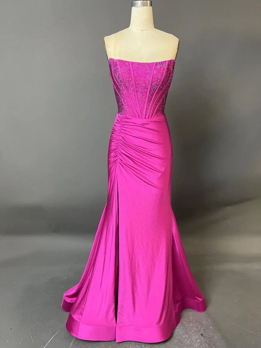 KissProm-Chime Fuchsia Mermaid Strapless Satin Long Prom Dresses With Beading