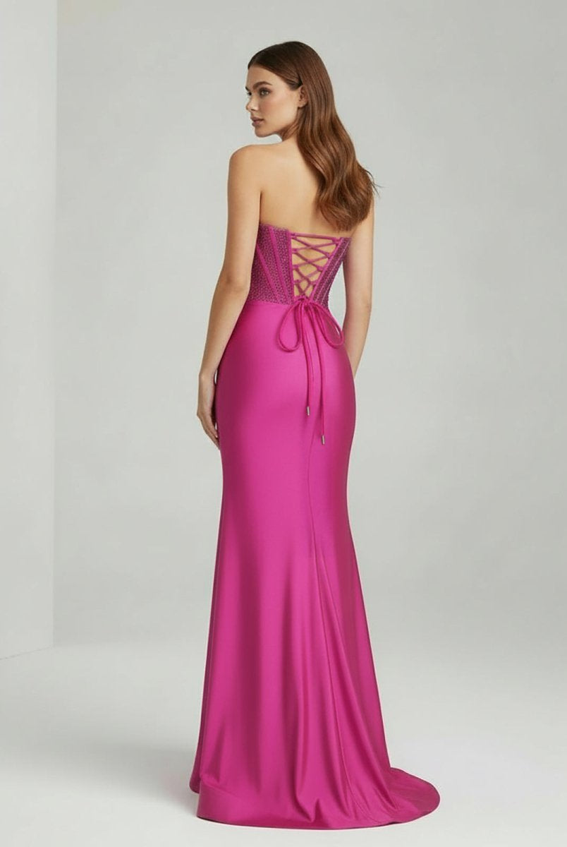 Chime | Fuchsia - Mermaid Strapless Satin Long Prom Dresses With Beading - KissProm