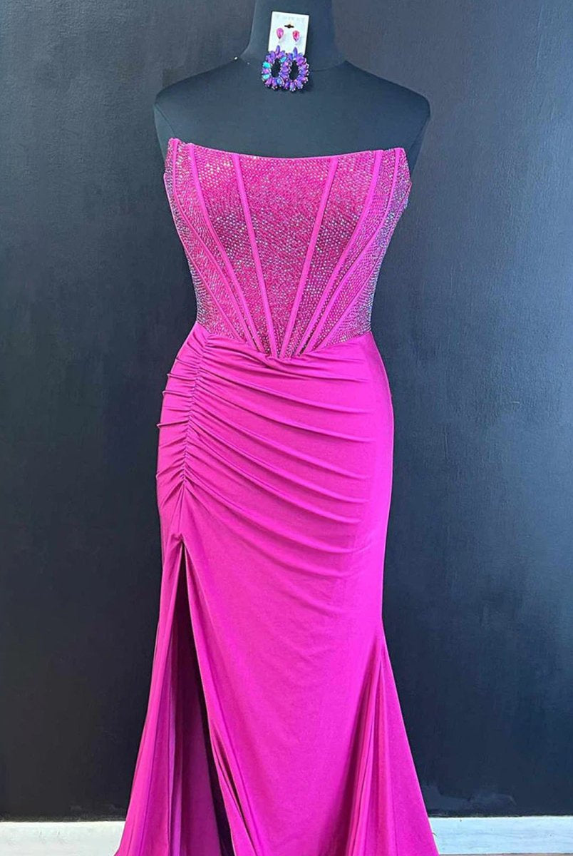 KissProm-Chime Fuchsia Mermaid Strapless Satin Long Prom Dresses With Beading