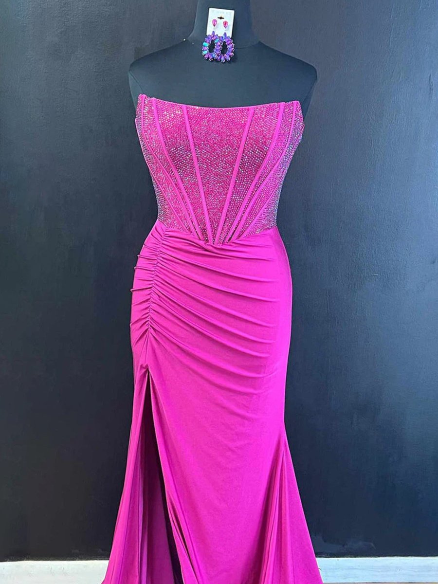 KissProm-Chime Fuchsia Mermaid Strapless Satin Long Prom Dresses With Beading