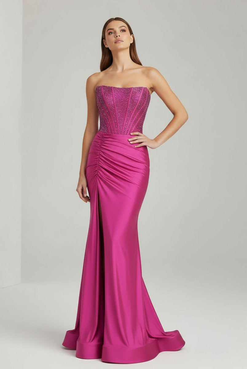 Chime | Fuchsia - Mermaid Strapless Satin Long Prom Dresses With Beading - KissProm