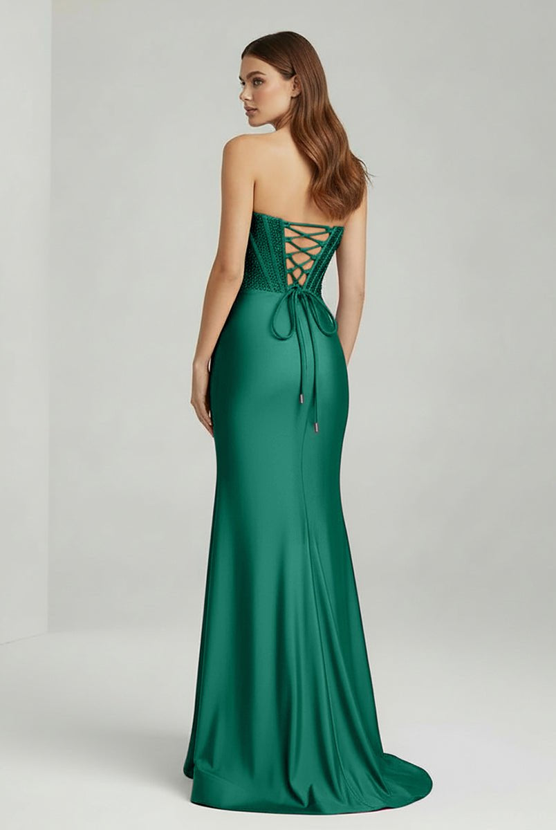 Chime | Green - Mermaid Strapless Satin Long Prom Dresses With Beading - KissProm