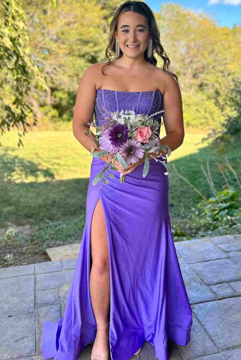 KissProm-Chime Purple Mermaid Strapless Satin Long Prom Dresses With Beading