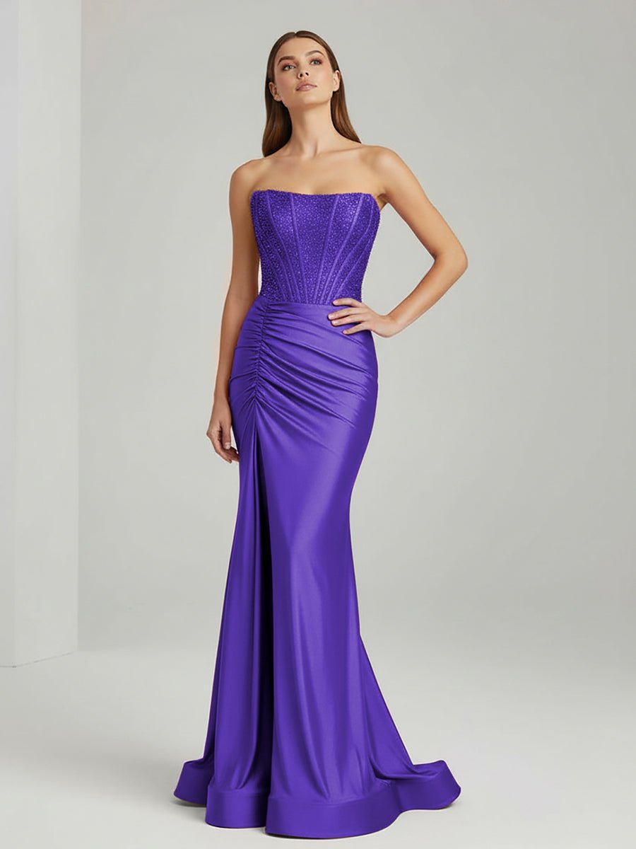 Chime | Purple - Mermaid Strapless Satin Long Prom Dresses With Beading - KissProm