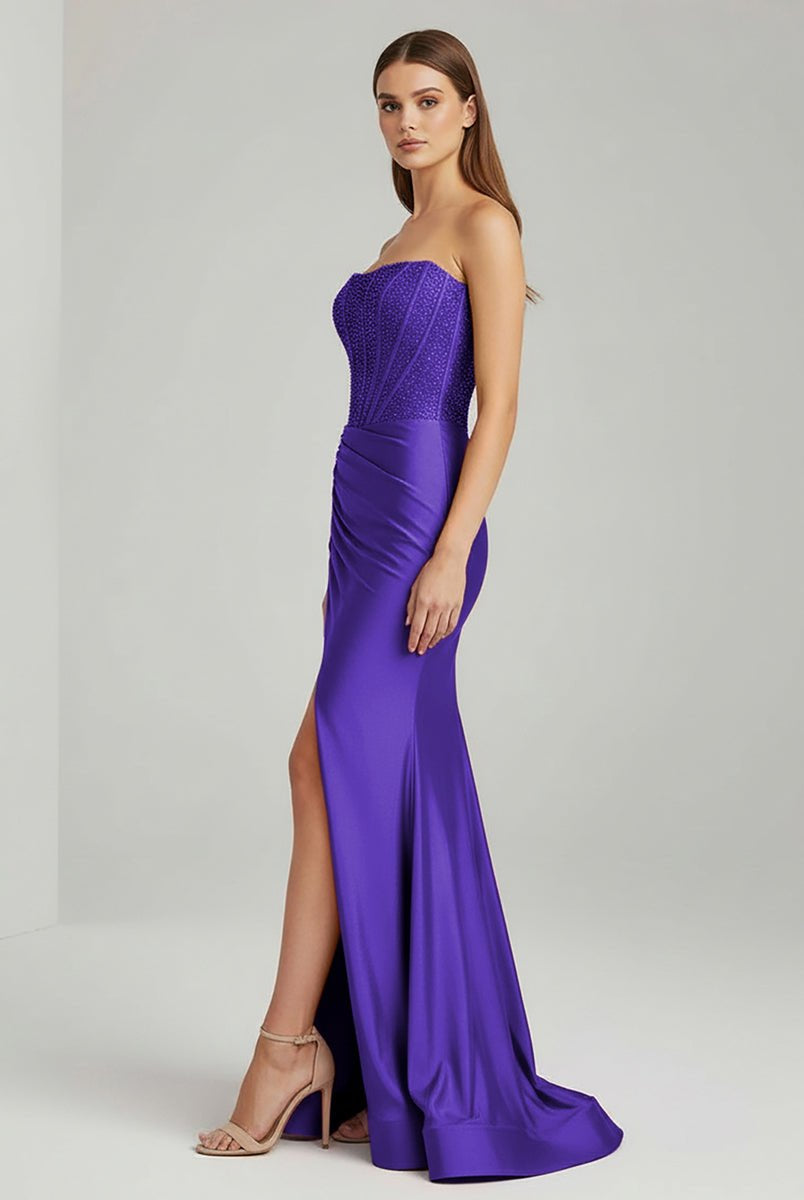 Chime | Purple - Mermaid Strapless Satin Long Prom Dresses With Beading - KissProm