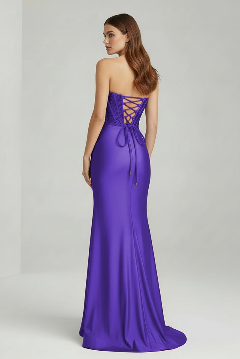 Chime | Purple - Mermaid Strapless Satin Long Prom Dresses With Beading - KissProm