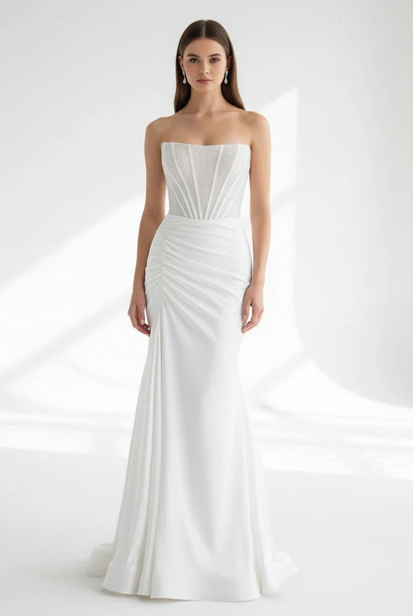 Chime | White Mermaid Strapless Satin Long Prom Dresses With Beading - KissProm