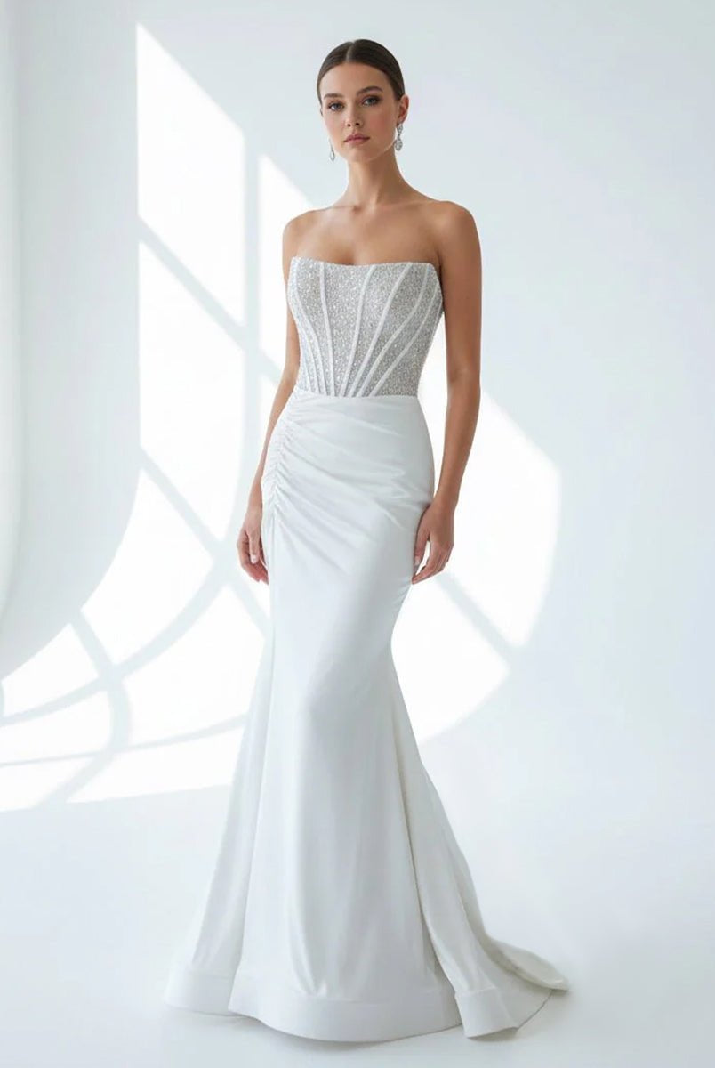 Chime | White Mermaid Strapless Satin Long Prom Dresses With Beading - KissProm