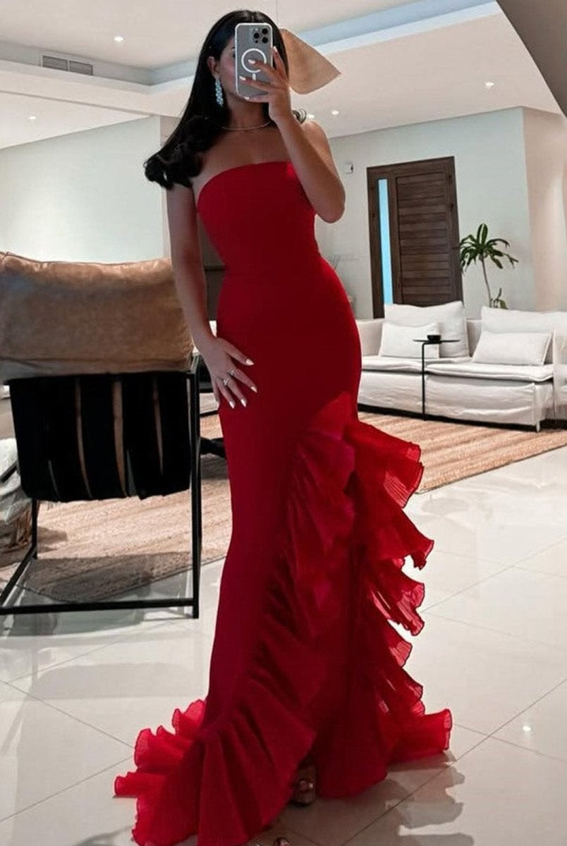 Theodoric | Red Strapless Ruffles Scoop Neck Mermaid Sleeveless Long Prom Dress