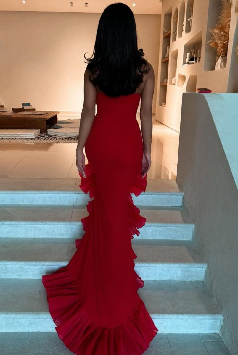 Theodoric | Red Strapless Ruffles Scoop Neck Mermaid Sleeveless Long Prom Dress