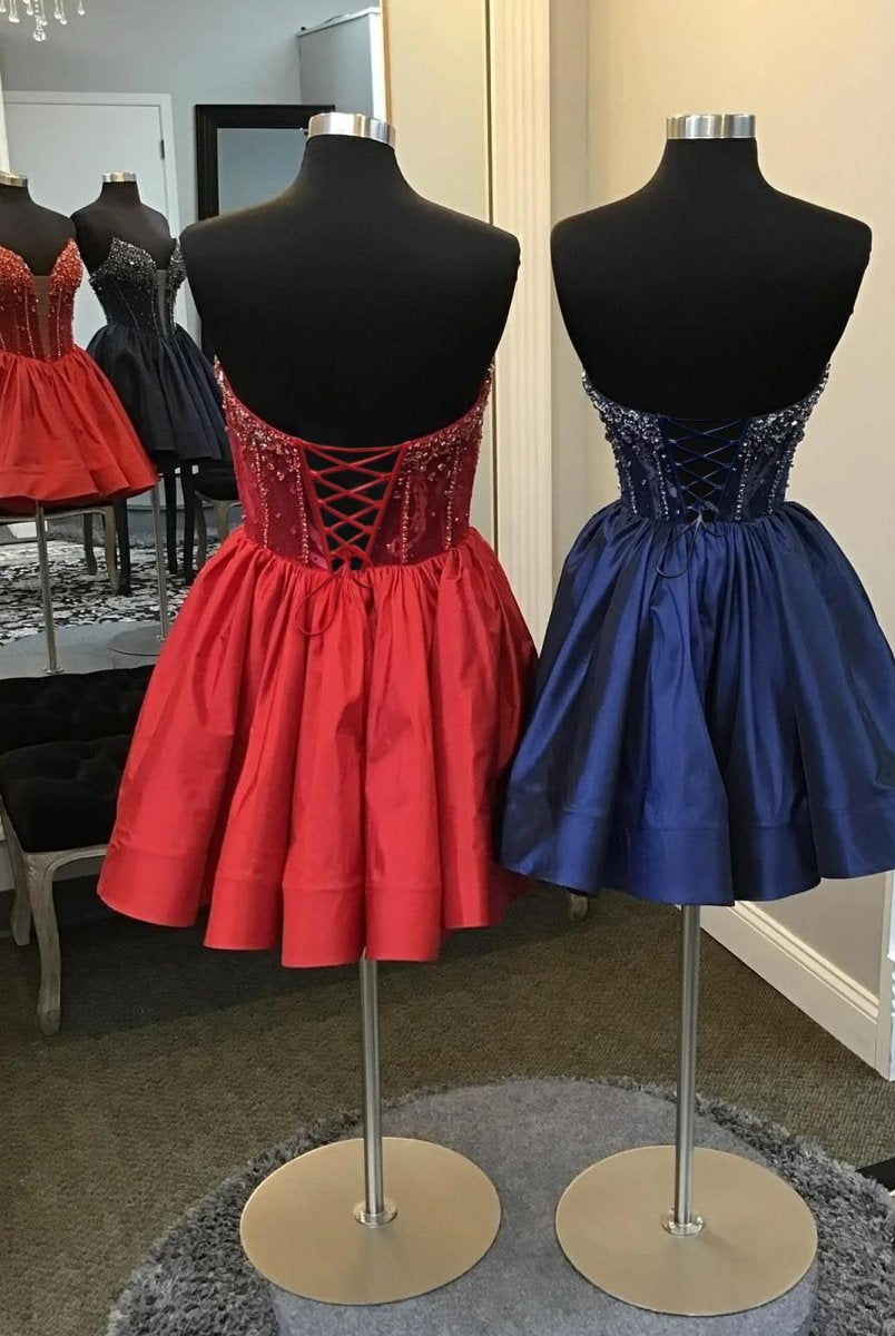 Cibrina | Navy Blue - V Neck A-line Short Homecoming Dress With Beadings