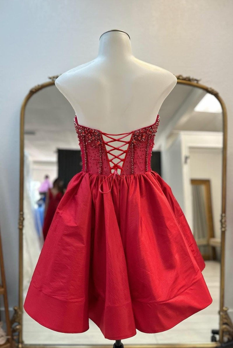 Cibrina | Red - V Neck A-line Short Homecoming Dress With Beadings