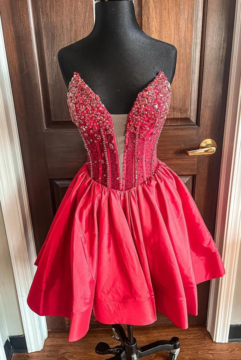 Cibrina | Red - V Neck A-line Short Homecoming Dress With Beadings