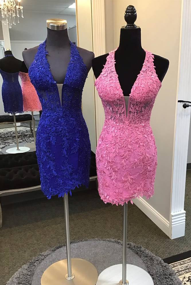 Cierra | Fitted Halter Appliques Short Homecoming Dress - KissProm