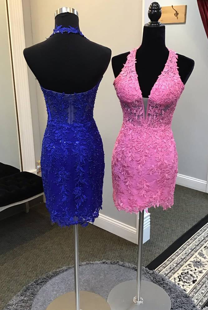 Cierra | Fitted Halter Appliques Short Homecoming Dress - KissProm