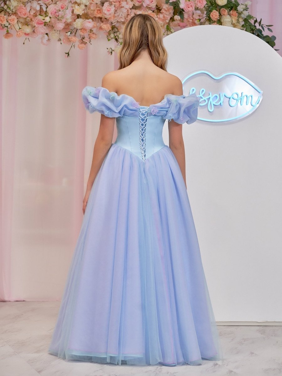 Isabel | Cinderella Blue Tulle Off the Shoulder With Crystals & Butterflies Ball Gown - KissProm
