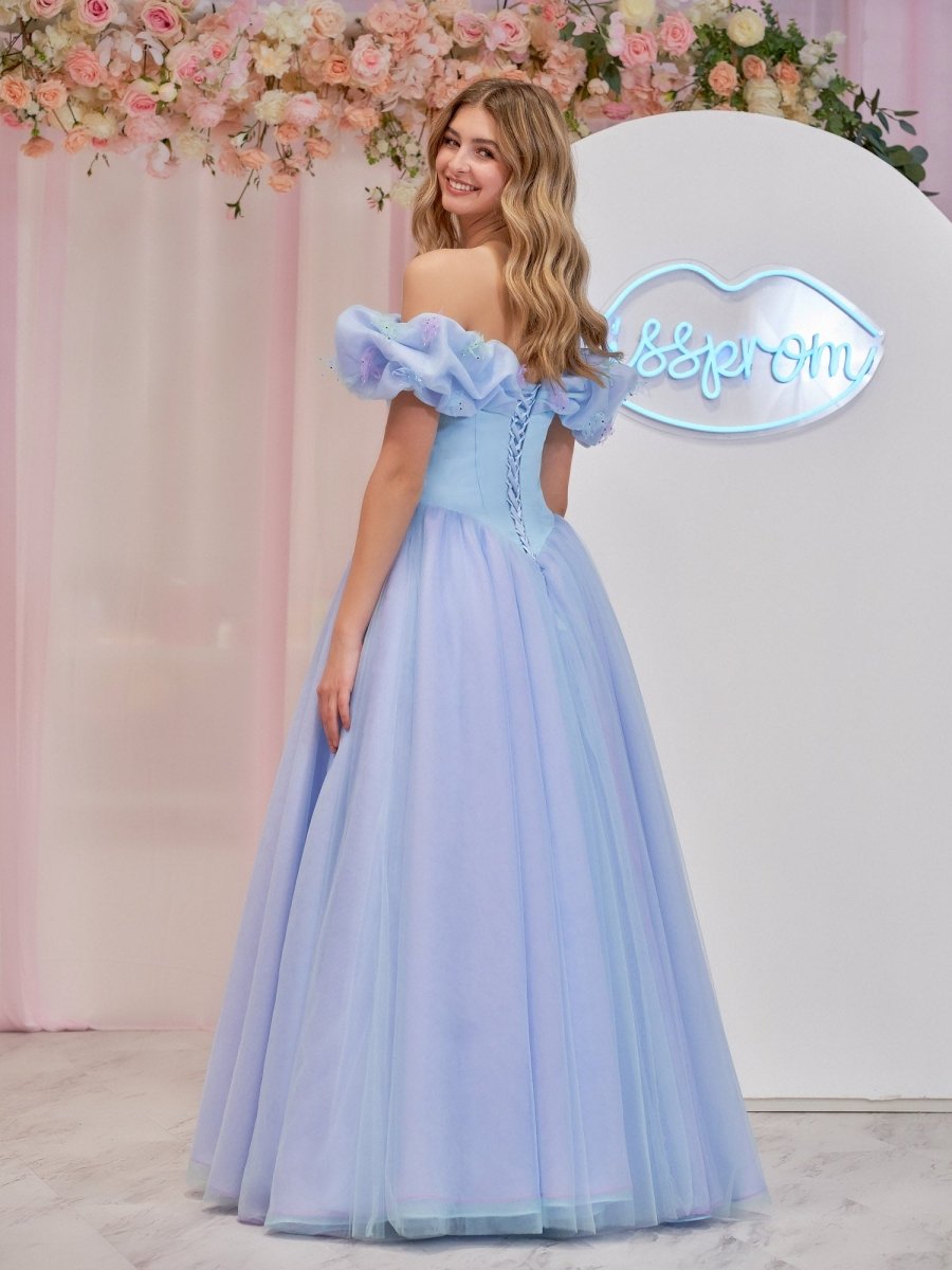 Isabel | Cinderella Blue Tulle Off the Shoulder With Crystals & Butterflies Ball Gown - KissProm