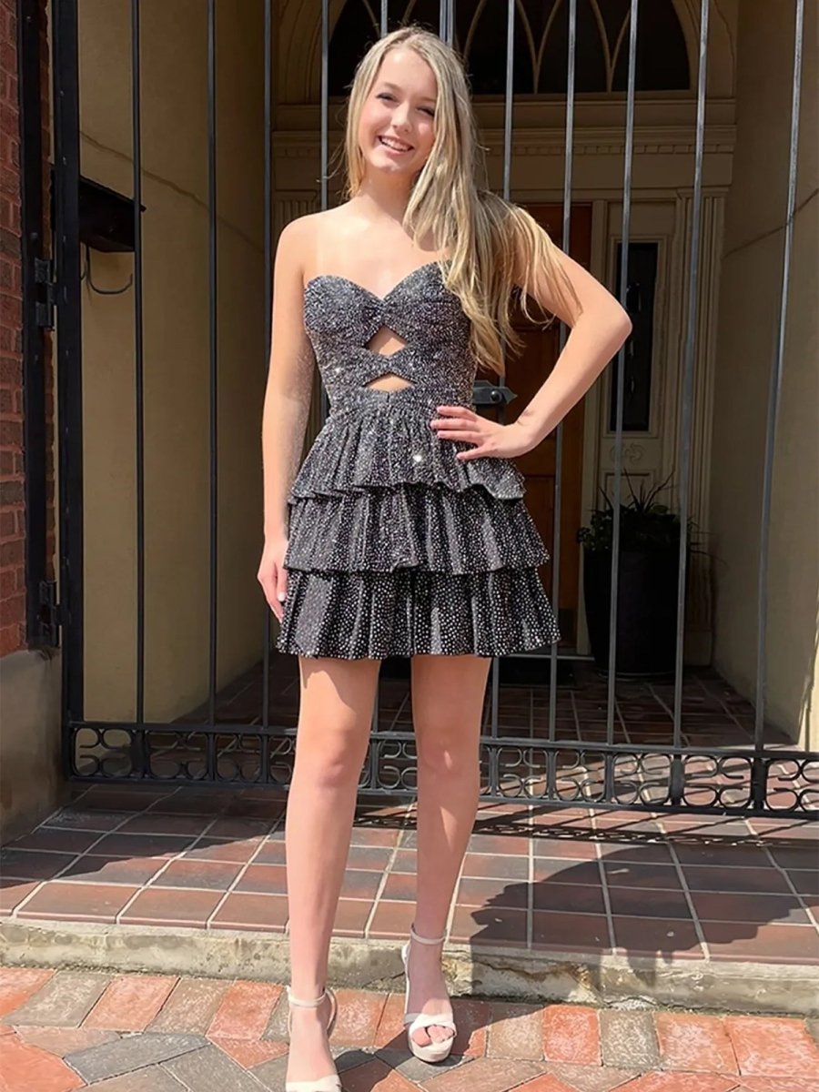Cindra | Black - A Line Sweetheart Satin Cut Out Ruffled Homecoming Dress with Beads