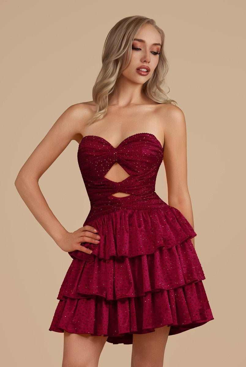 Cindra | Burgundy - A Line Sweetheart Satin Cut Out Ruffled Homecoming Dress with Beads