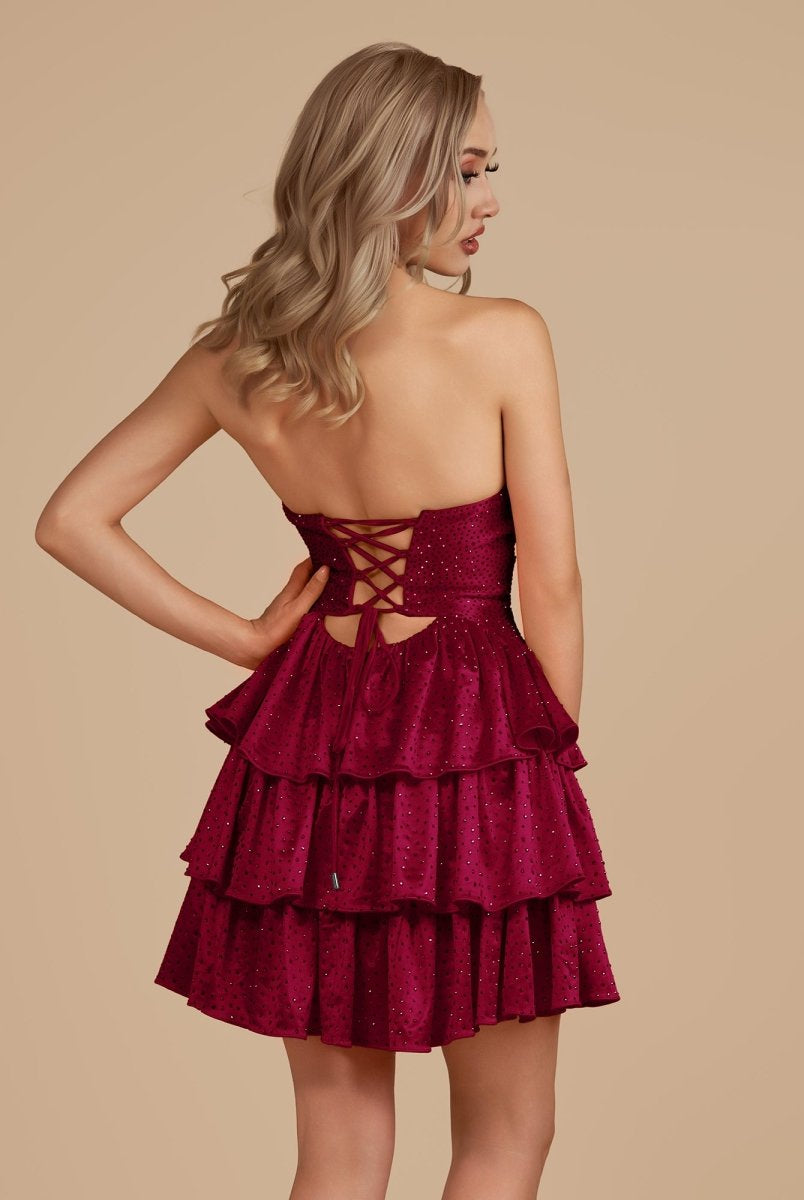 Cindra | Burgundy - A Line Sweetheart Satin Cut Out Ruffled Homecoming Dress with Beads