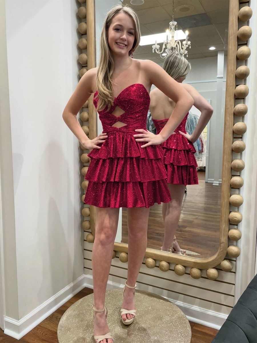 Cindra | Burgundy - A Line Sweetheart Satin Cut Out Ruffled Homecoming Dress with Beads