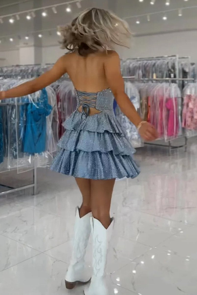 Cindra | Grey Blue - A Line Sweetheart Satin Cut Out Ruffled Homecoming Dress with Beads