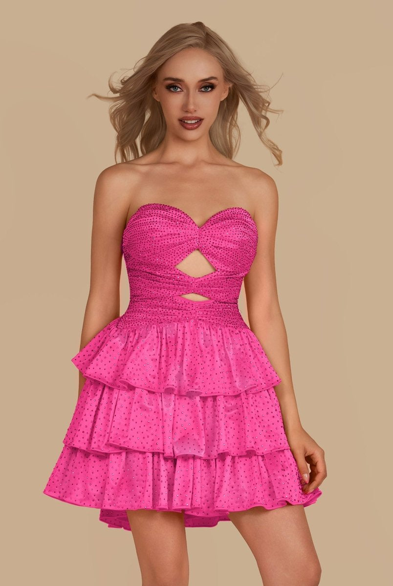 Cindra | Hot Pink - A Line Sweetheart Satin Cut Out Ruffled Homecoming Dress with Beads