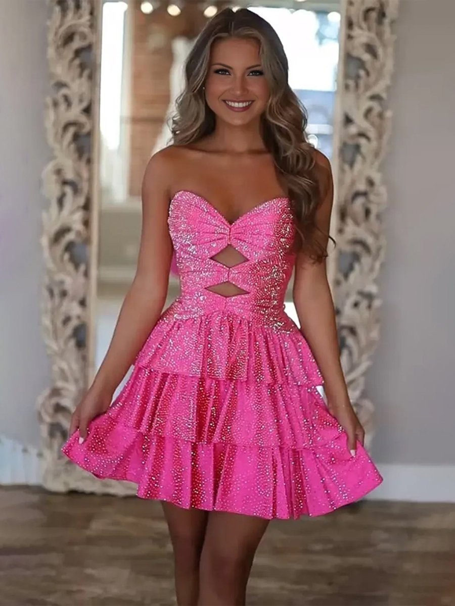 Cindra | Hot Pink - A Line Sweetheart Satin Cut Out Ruffled Homecoming Dress with Beads