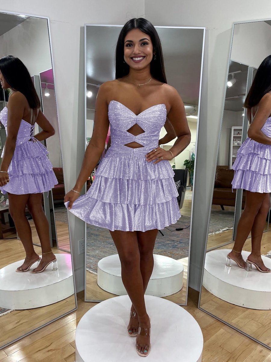 Cindra | Lavender - A Line Sweetheart Satin Cut Out Ruffled Homecoming Dress with Beads