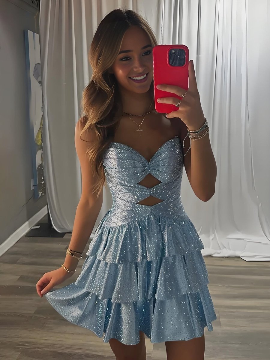 Cindra | Sky Blue - A Line Sweetheart Satin Cut Out Ruffled Homecoming Dress with Beads
