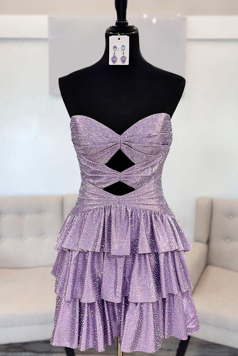 Cindra | Lilac - A Line Sweetheart Satin Cut Out Ruffled Homecoming Dress with Beads
