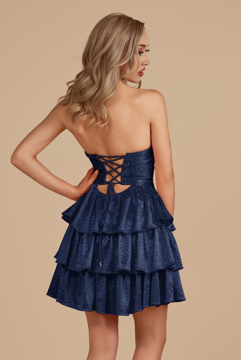 Cindra | Navy Blue - A Line Sweetheart Satin Cut Out Ruffled Homecoming Dress with Beads
