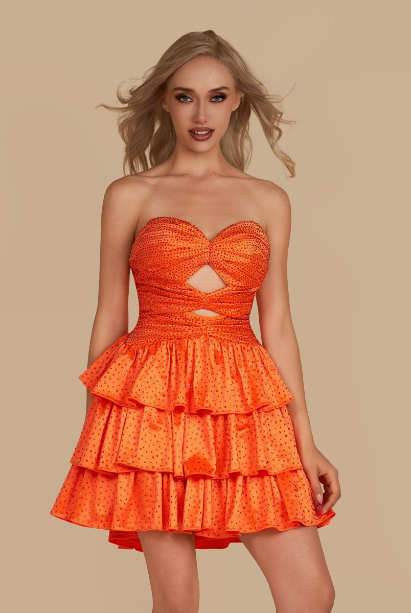 Cindra | Bright Orange - A Line Sweetheart Satin Cut Out Ruffled Homecoming Dress with Beads