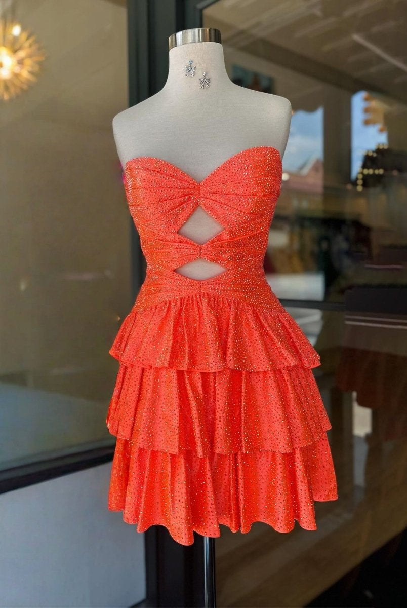 Cindra | Orange - A Line Sweetheart Satin Cut Out Ruffled Homecoming Dress with Beads