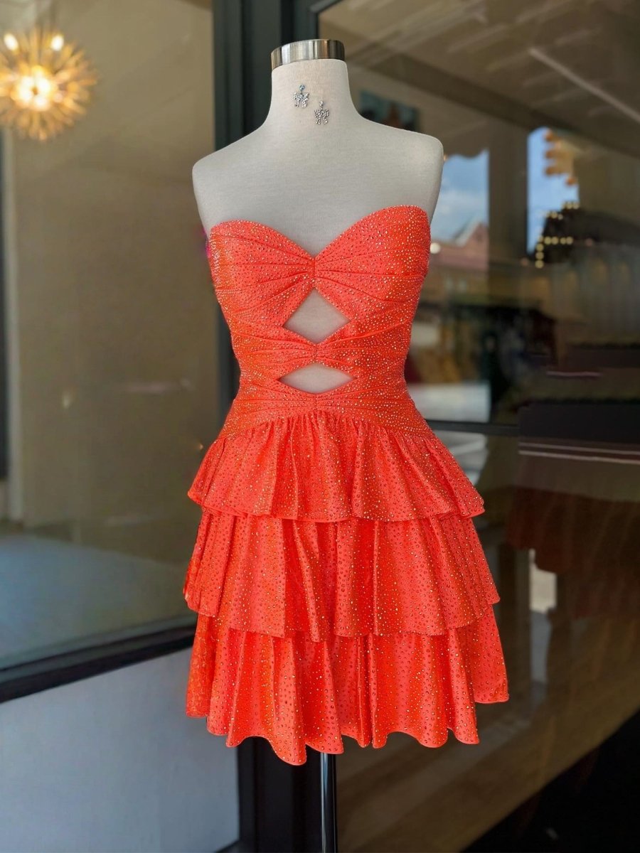 Cindra | Orange - A Line Sweetheart Satin Cut Out Ruffled Homecoming Dress with Beads