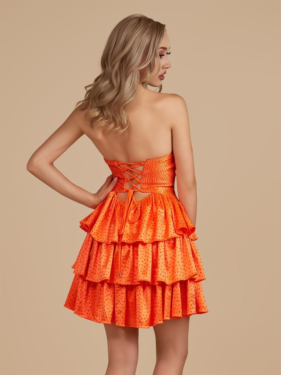 Cindra | Bright Orange - A Line Sweetheart Satin Cut Out Ruffled Homecoming Dress with Beads