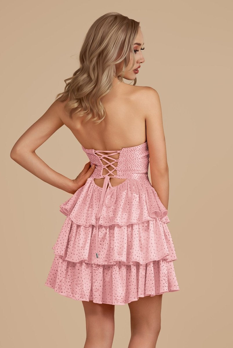 Cindra | Pink - A Line Sweetheart Satin Cut Out Ruffled Homecoming Dress with Beads