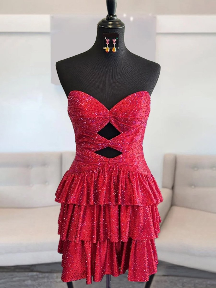 Cindra | Red - A Line Sweetheart Satin Cut Out Ruffled Homecoming & Cocktail Dresses with Beads
