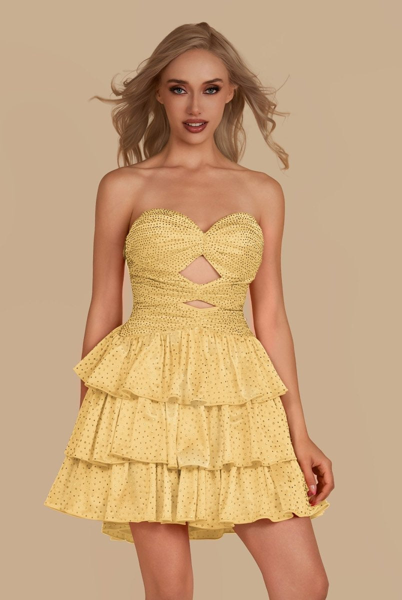 Cindra | Yellow - A Line Sweetheart Satin Cut Out Ruffled Homecoming Dress with Beads