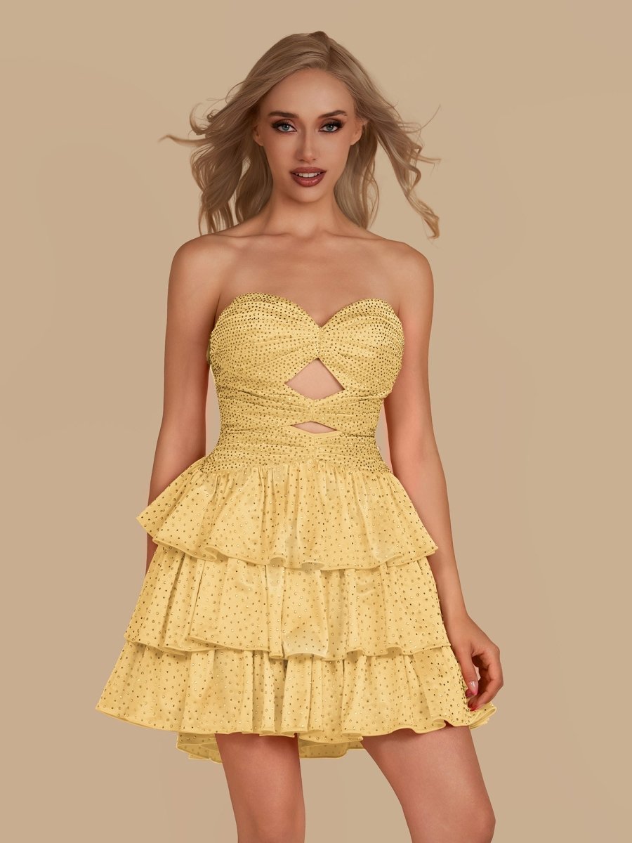 Cindra | Yellow - A Line Sweetheart Satin Cut Out Ruffled Homecoming Dress with Beads