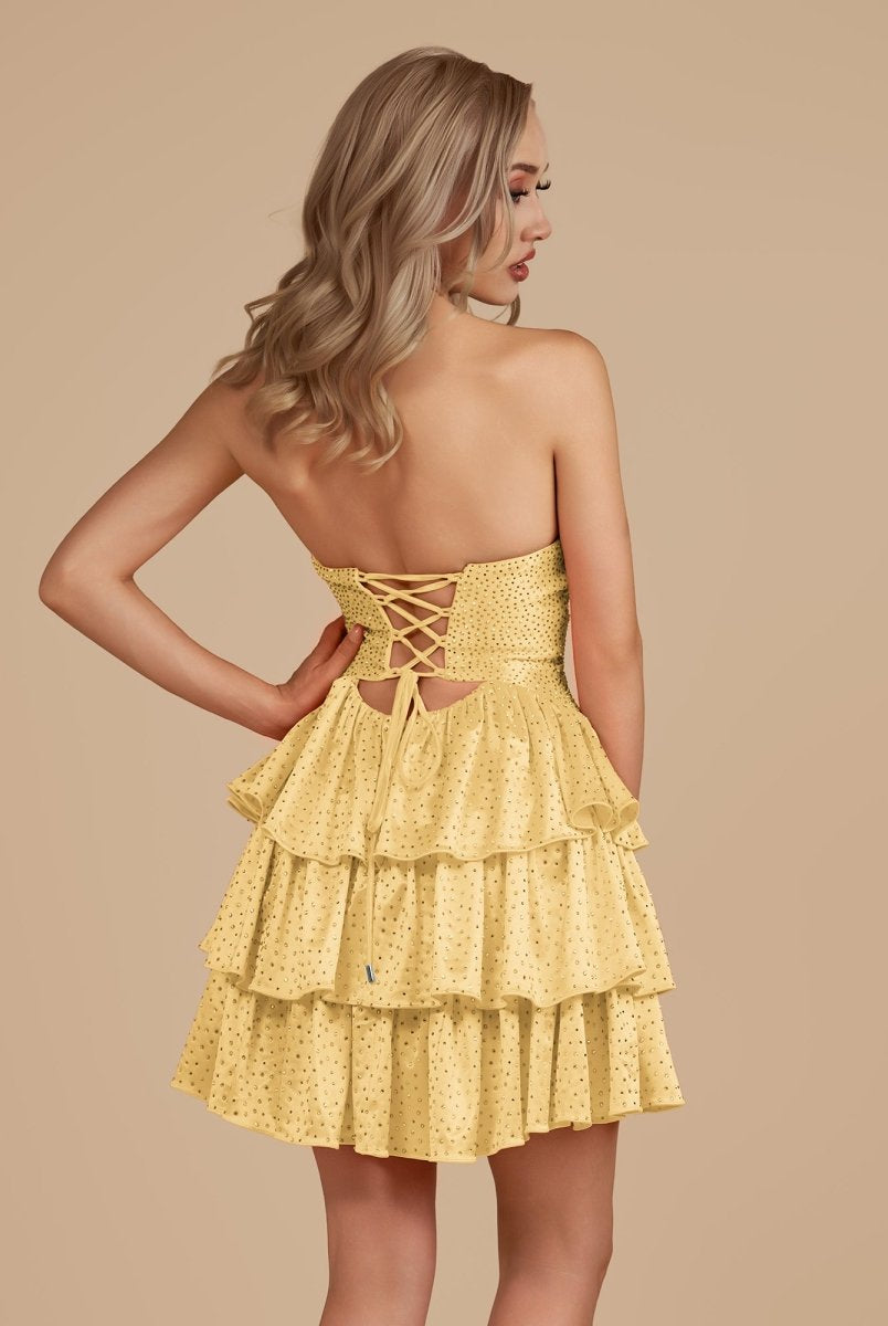 Cindra | Yellow - A Line Sweetheart Satin Cut Out Ruffled Homecoming Dress with Beads