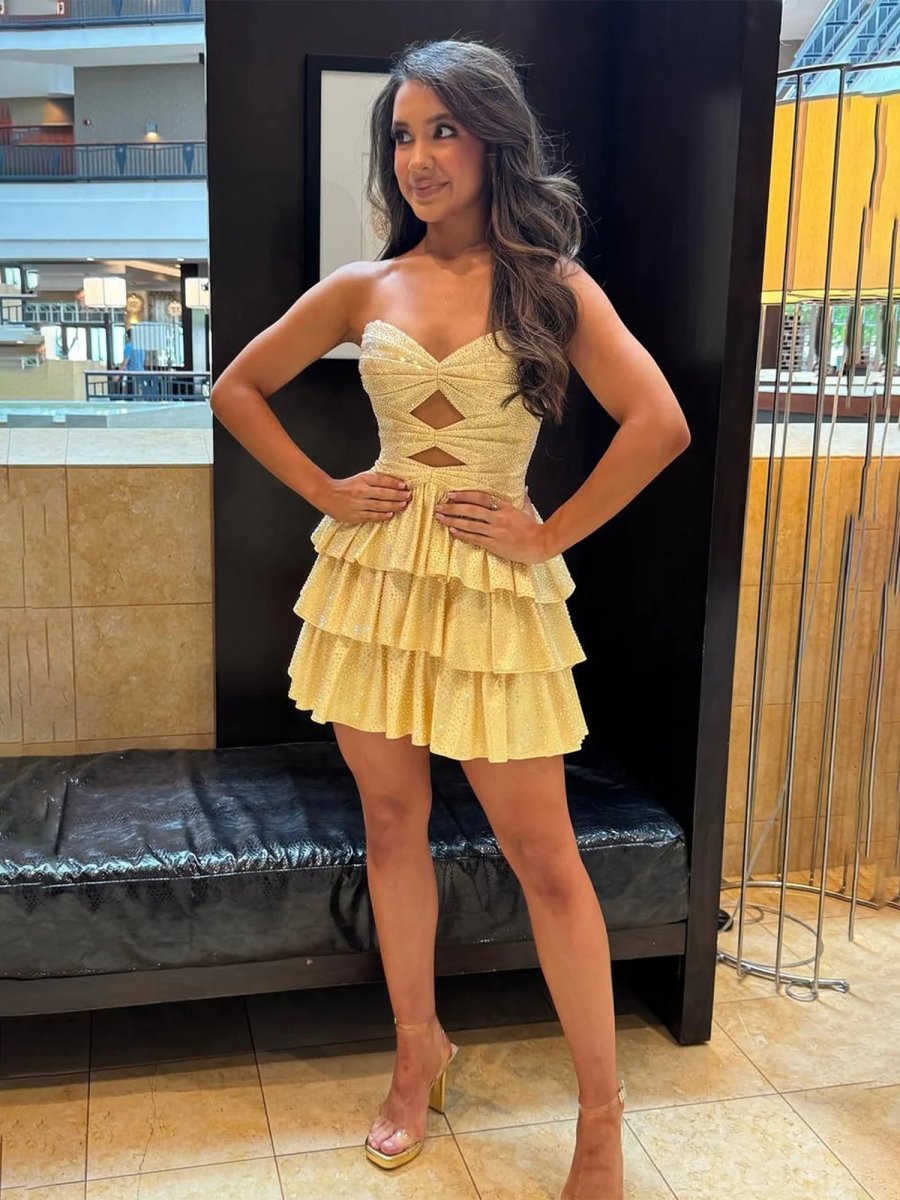 Cindra | Yellow - A Line Sweetheart Satin Cut Out Ruffled Homecoming Dress with Beads