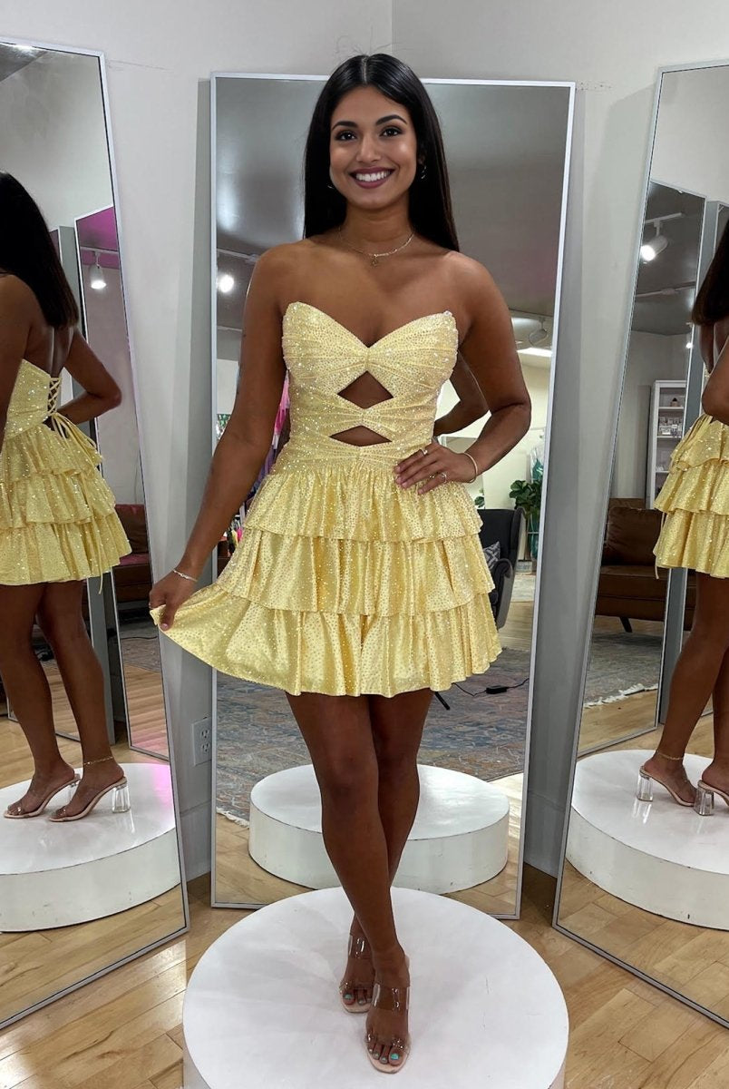 Cindra | Yellow - A Line Sweetheart Satin Cut Out Ruffled Homecoming Dress with Beads