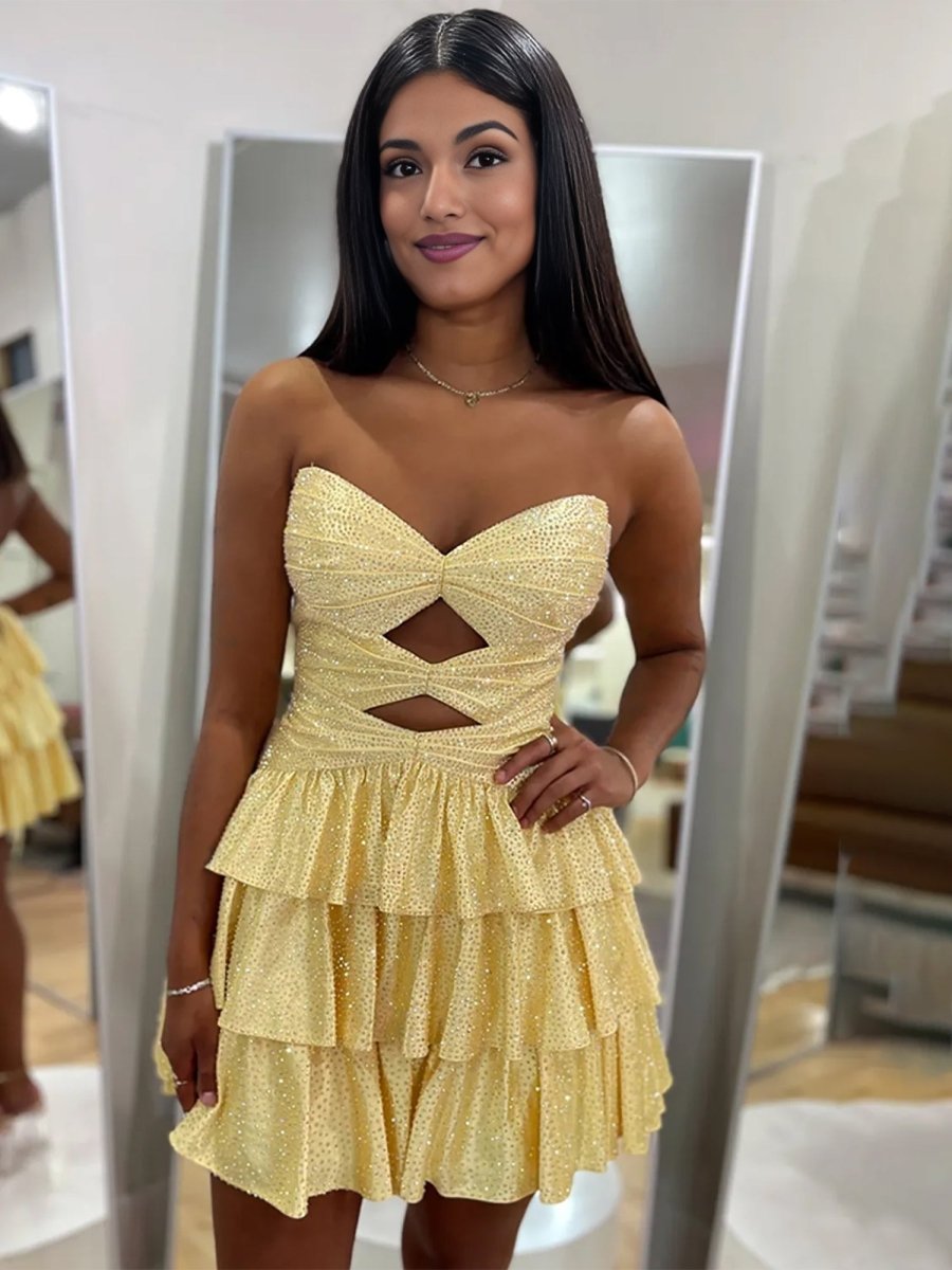 Cindra | Yellow - A Line Sweetheart Satin Cut Out Ruffled Homecoming Dress with Beads