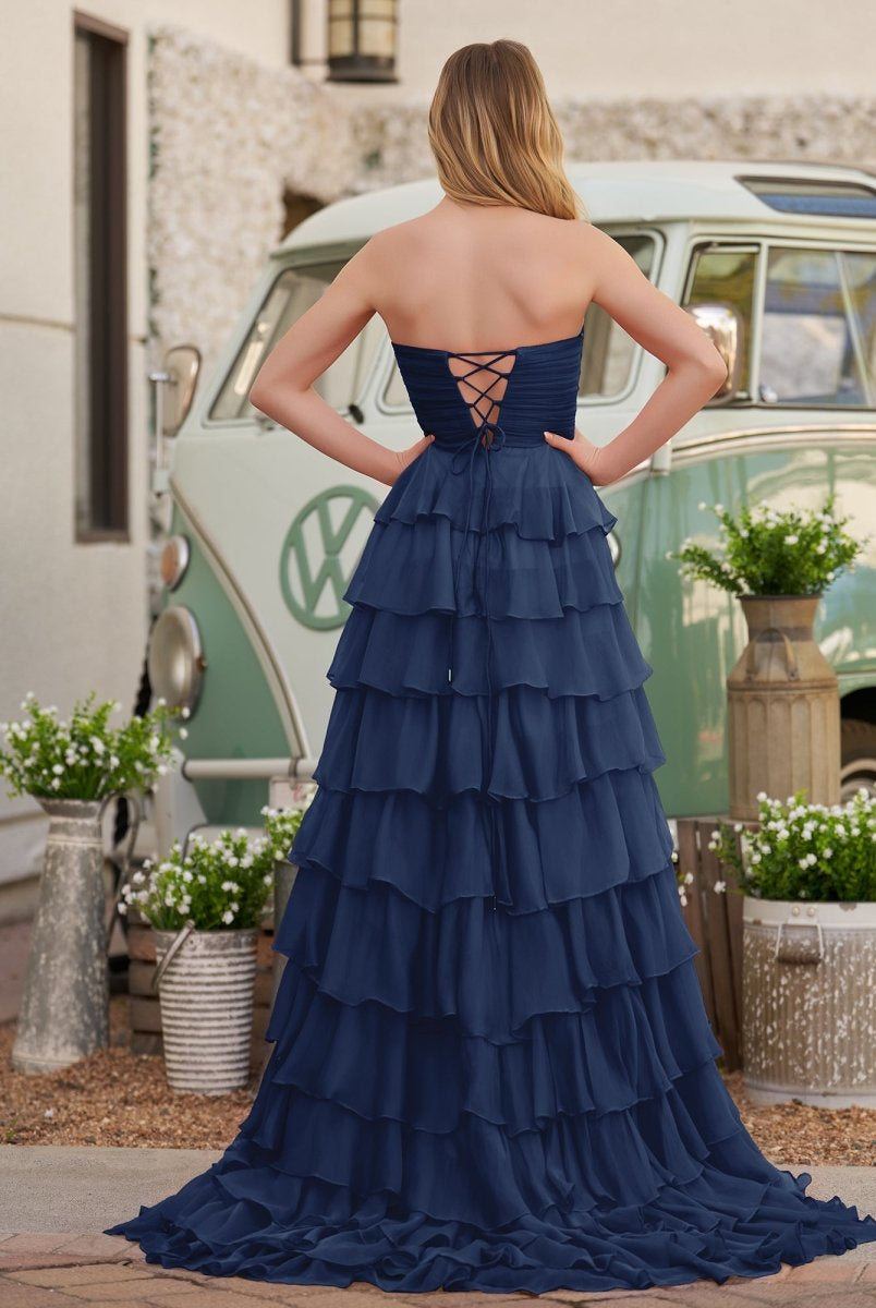 Cinizia | Chiffon Fuchsia Sweetheart Tiered Ruffles Prom Dress with Slit