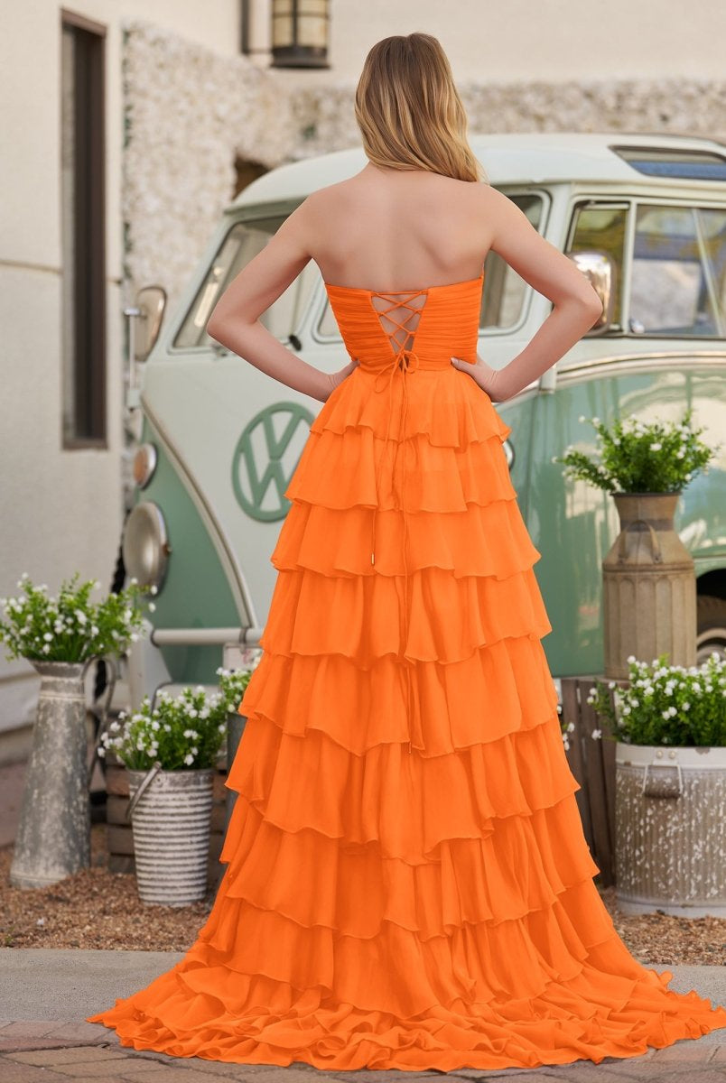 Cinizia | Chiffon Fuchsia Sweetheart Tiered Ruffles Prom Dress with Slit