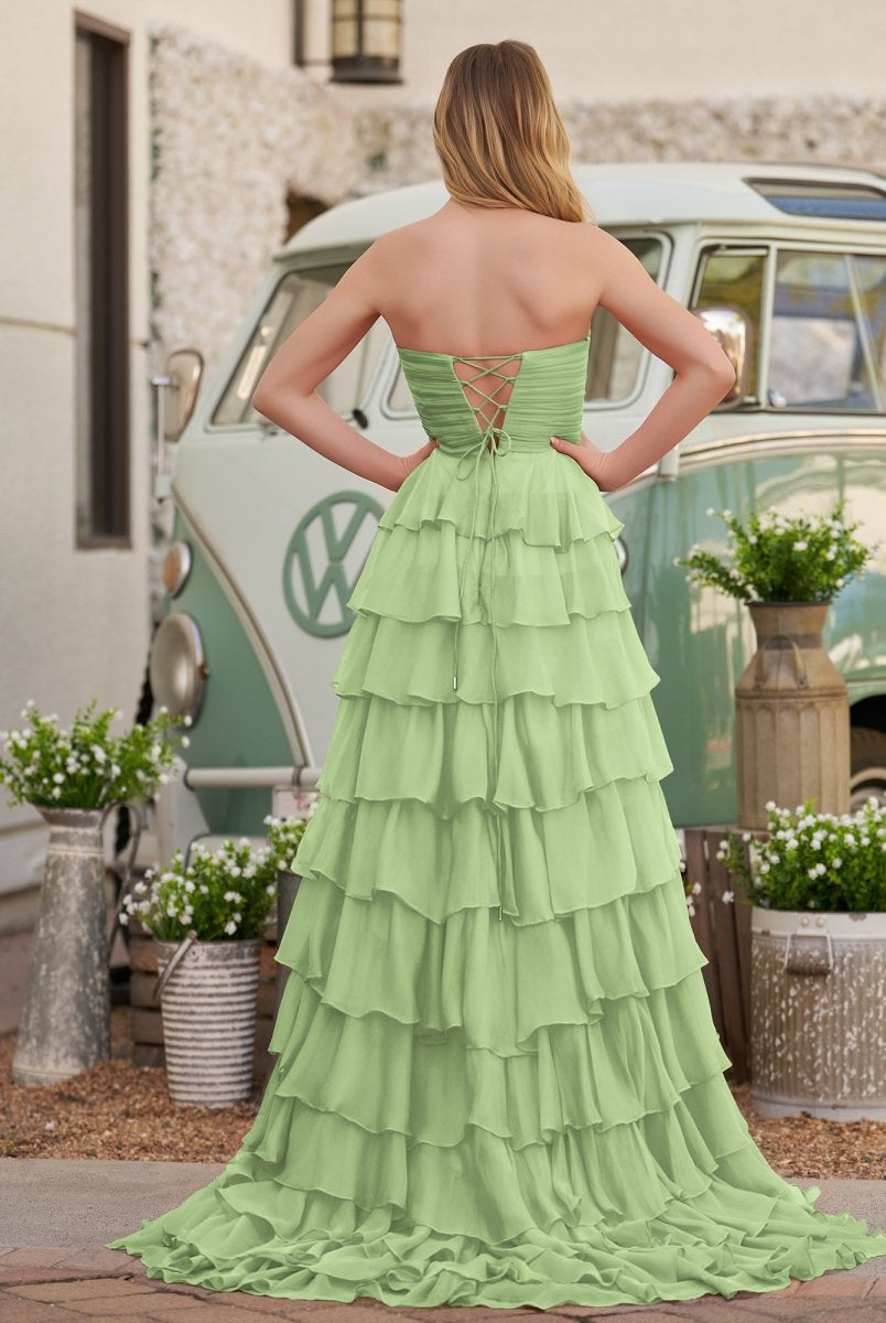 Cinizia | Chiffon Fuchsia Sweetheart Tiered Ruffles Prom Dress with Slit