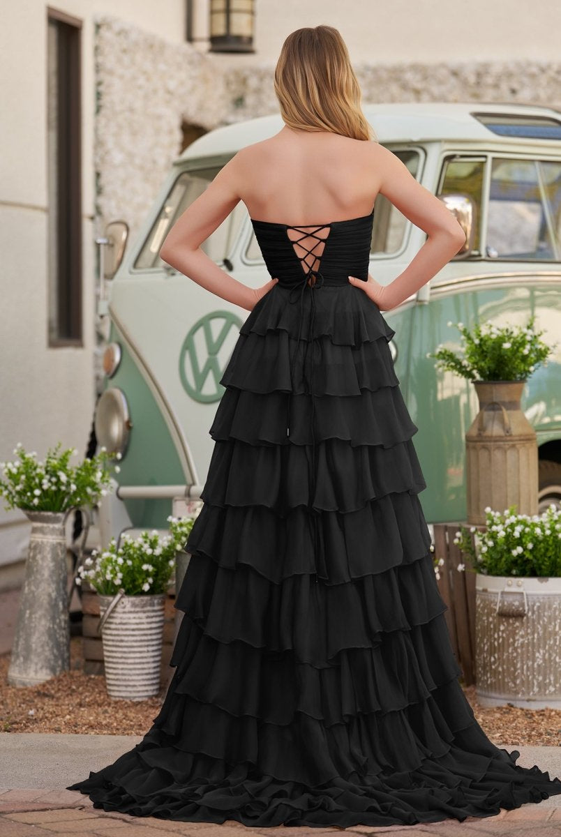 Cinizia | Chiffon Fuchsia Sweetheart Tiered Ruffles Prom Dress with Slit